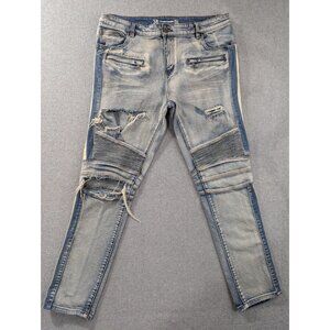 Crysp Denim Jeans Mens 38x32 Blue Light Wash Moto Biker Skinny Distressed Ripped